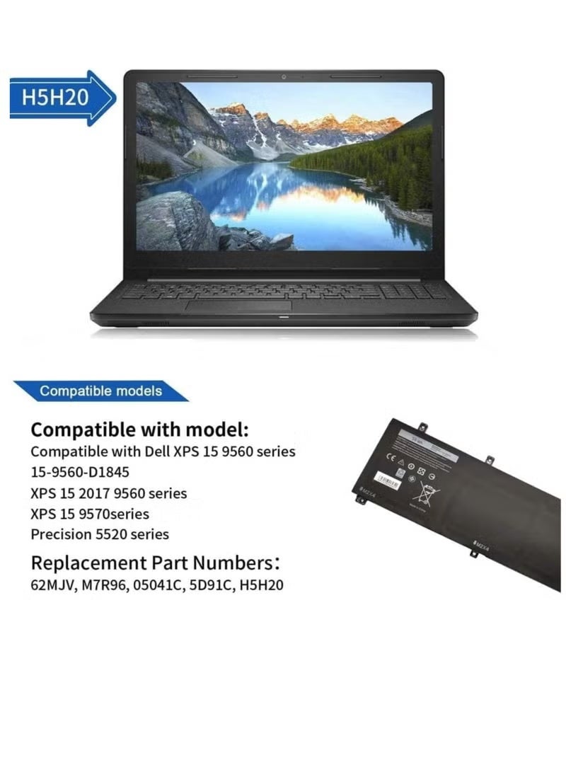 بطارية لاب توب 11.4 فولت 56 واط ساعة متوافقة مع ديل H5H20 XPS 15 9560 9550 9570 7590 7591 15-9560-D1845 بريسيجن 5540 5530 5520 5510 62MJV 6GPTY M7R96 05041C 5D91C، 3 خلايا - Image 5